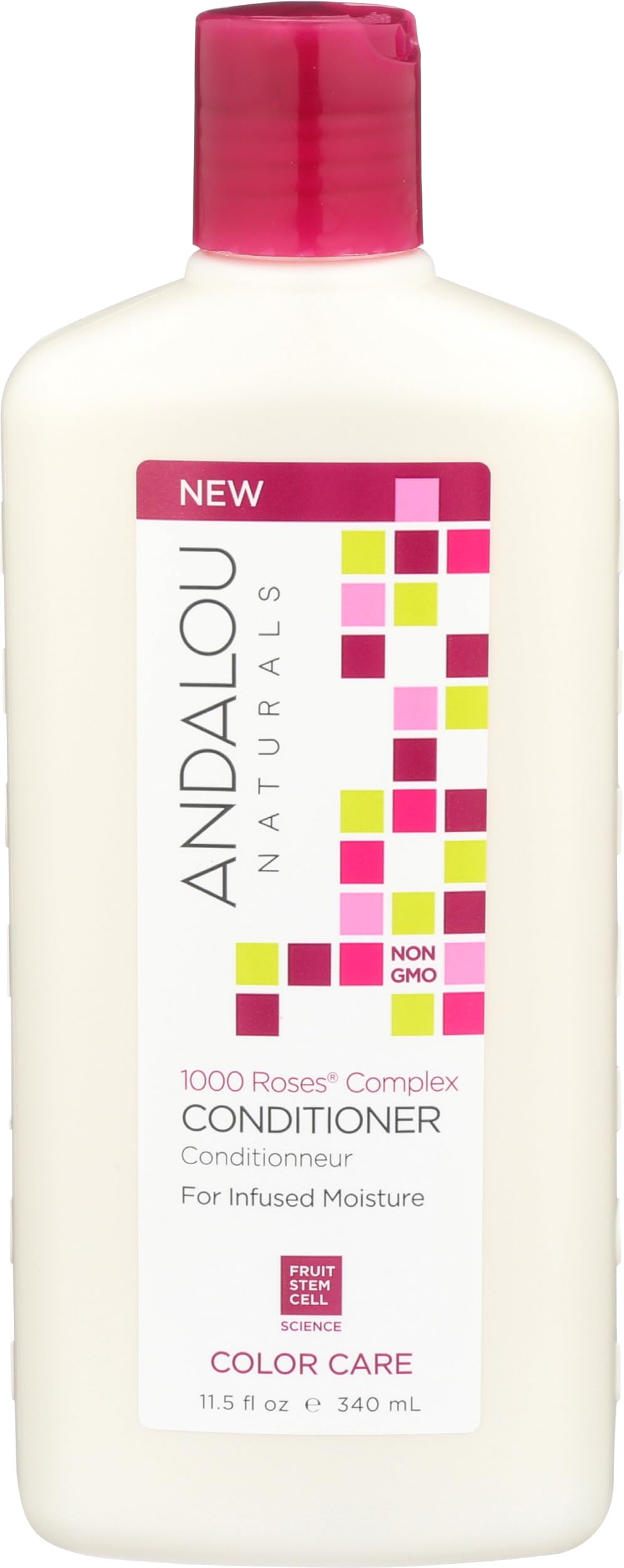 Andalou Naturals front packaging showing 1000 Roses conditioner and clear benefit