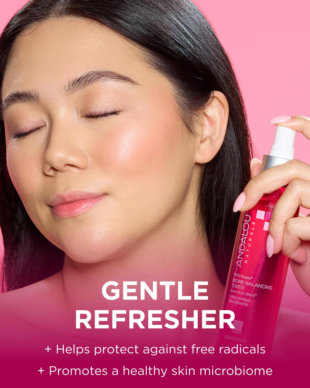 Andalou Naturals mist in use refreshes and hydrates skin instantly