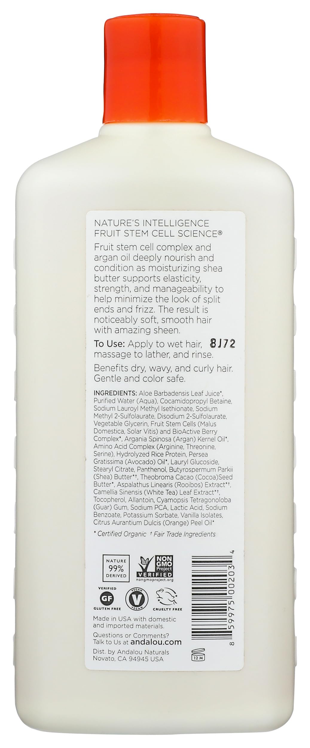 Andalou Naturals back label highlighting ingredients and usage benefits
