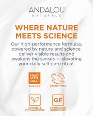 Andalou Naturals bottle on bathroom counter conveying daily routine ease