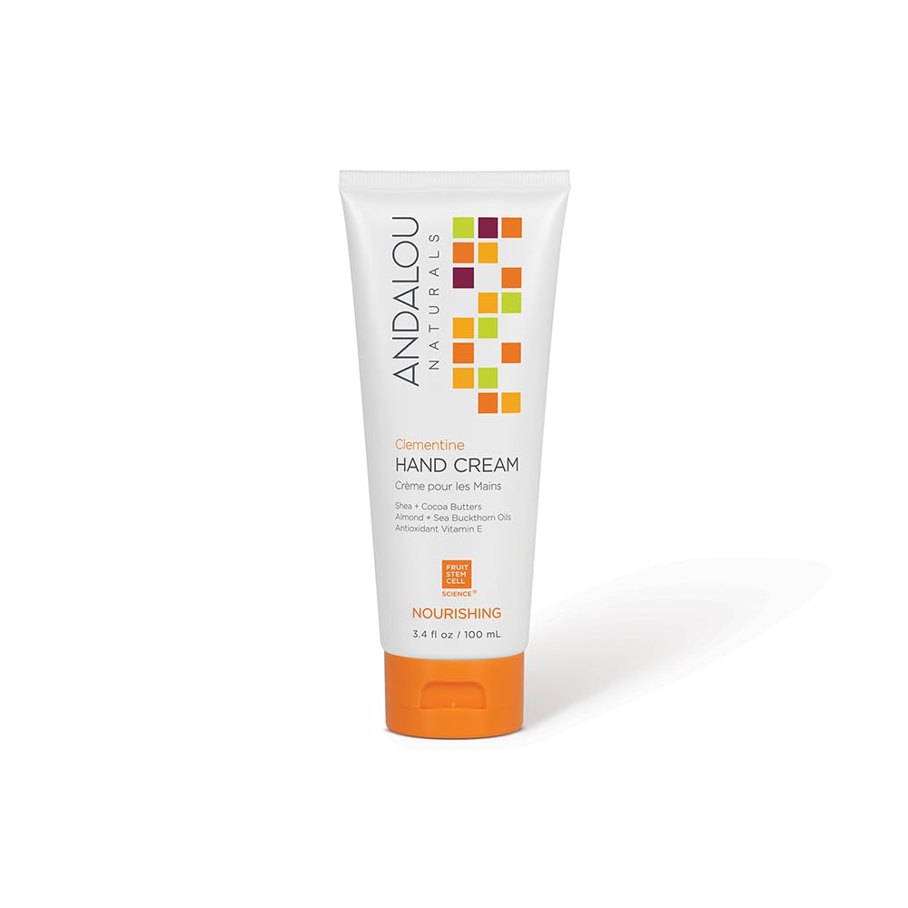 Andalou Naturals hand cream tube front view showing label and compact size for travel