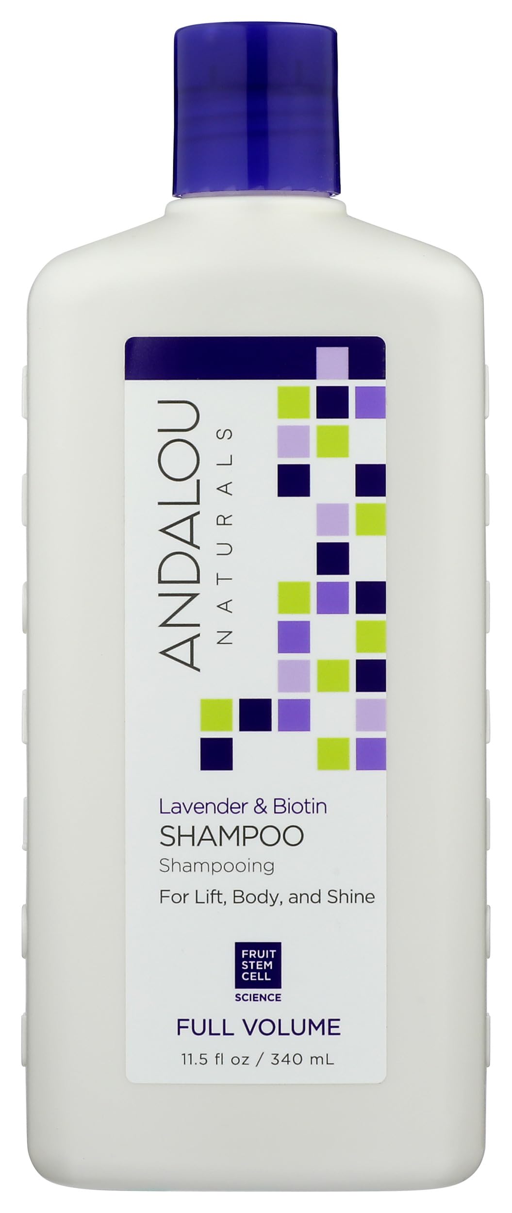 Andalou Naturals front bottle showing lavender and biotin for volumizing benefits