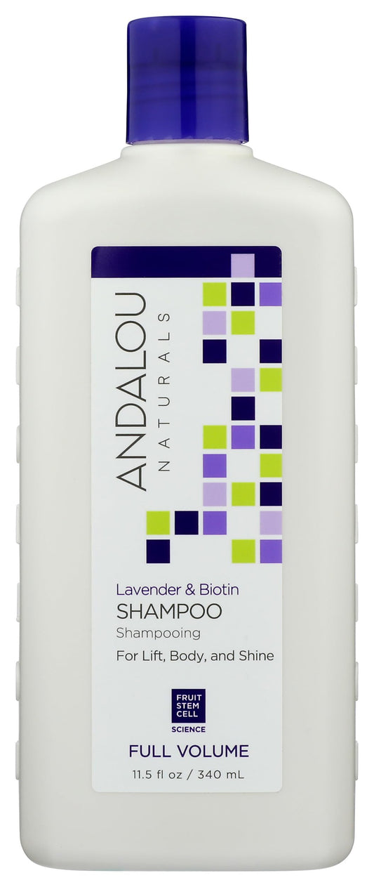 Andalou Naturals front bottle showing lavender and biotin for volumizing benefits