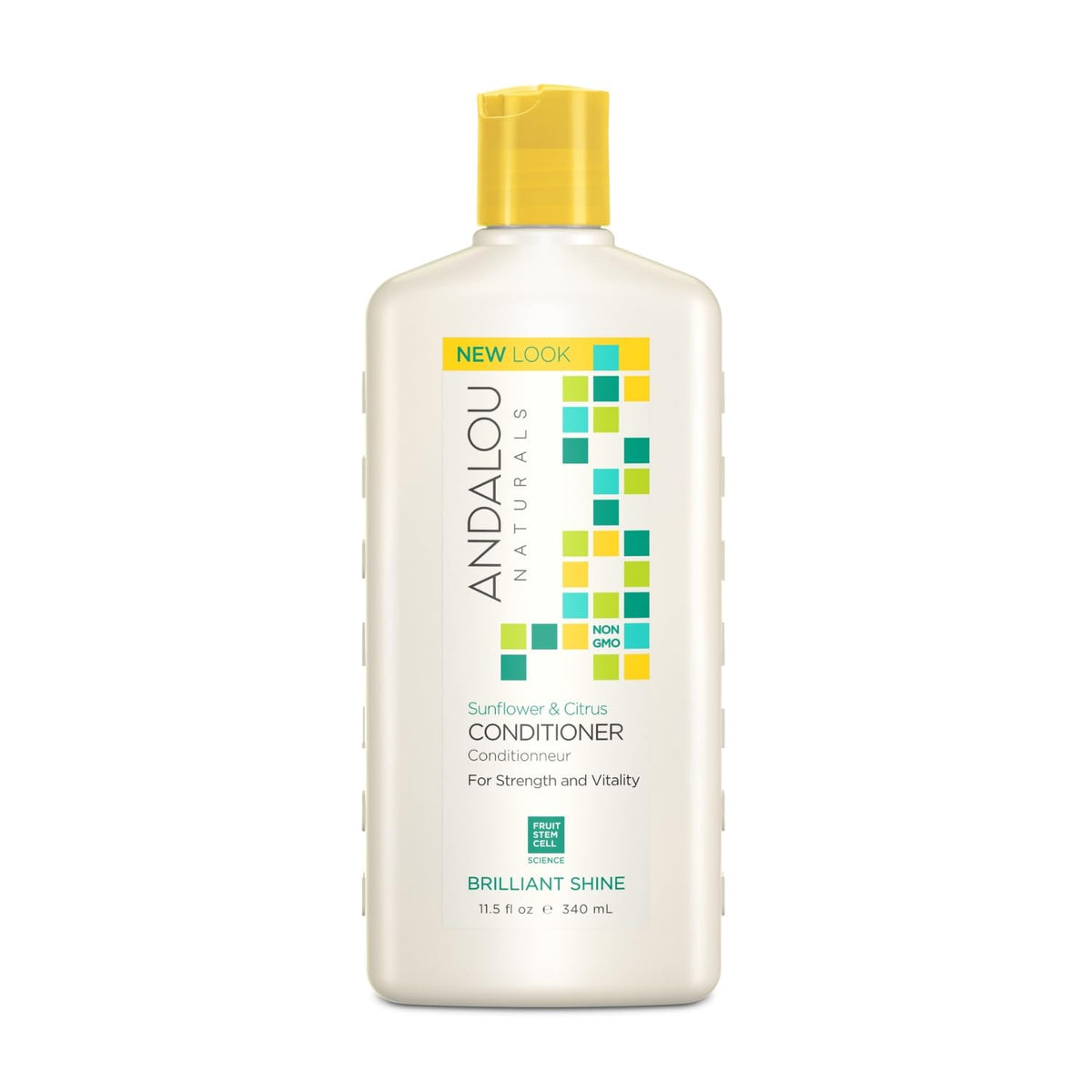 Andalou Naturals front packaging showing bottle and product name, highlighting shine benefit