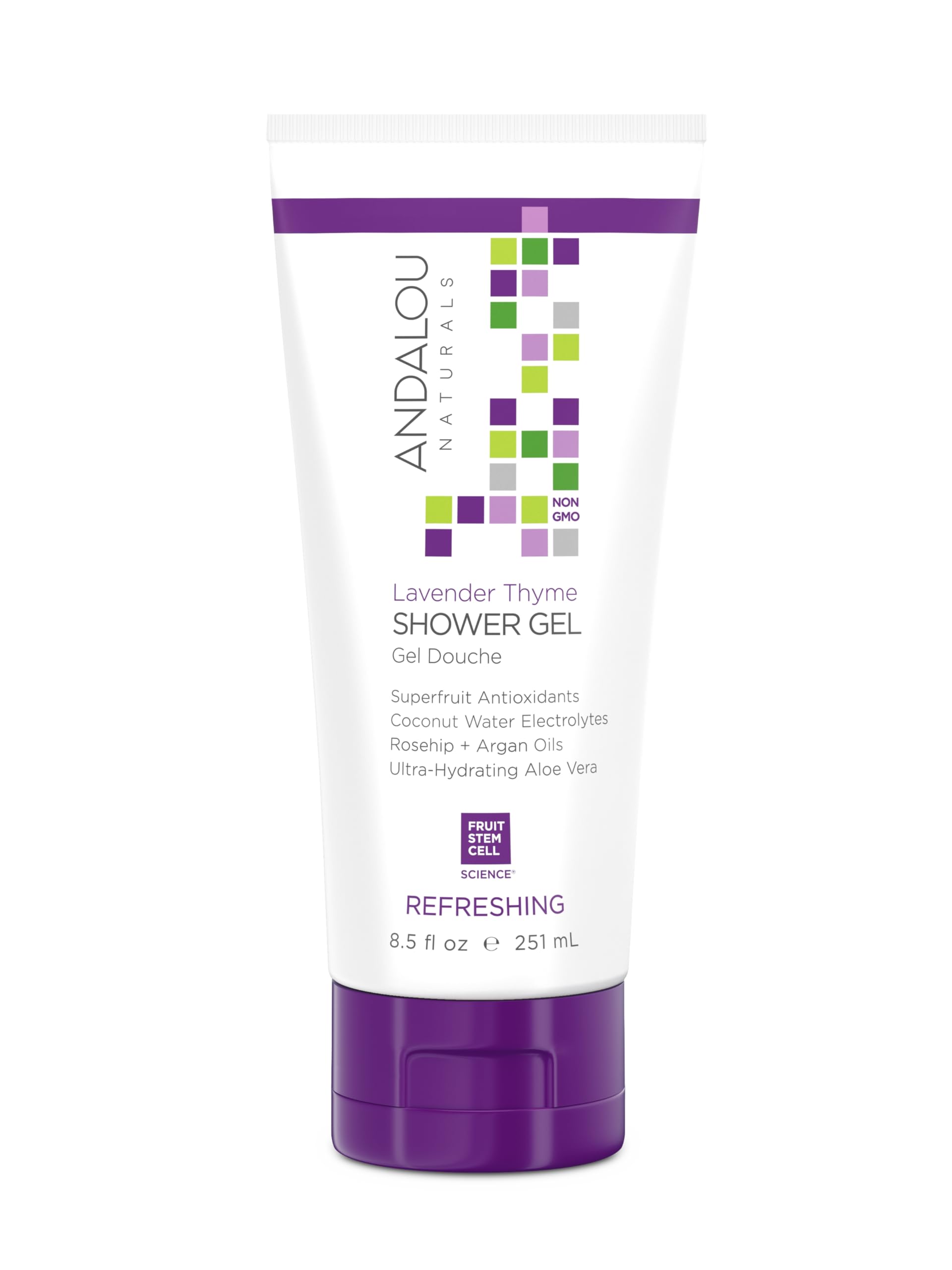 Andalou Naturals front bottle view showing lavender-thyme body wash and hydrating benefits