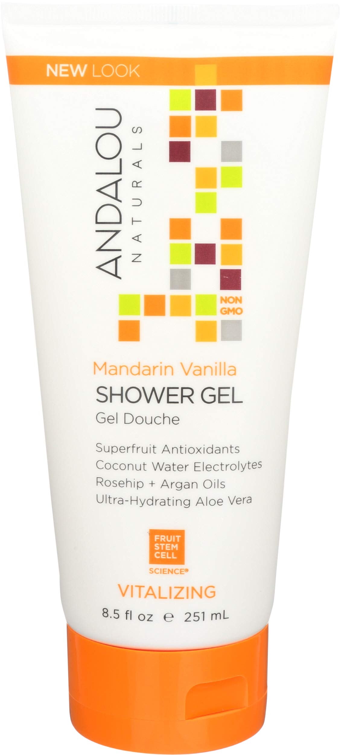 Andalou Naturals front bottle showing mandarin vanilla label and benefits