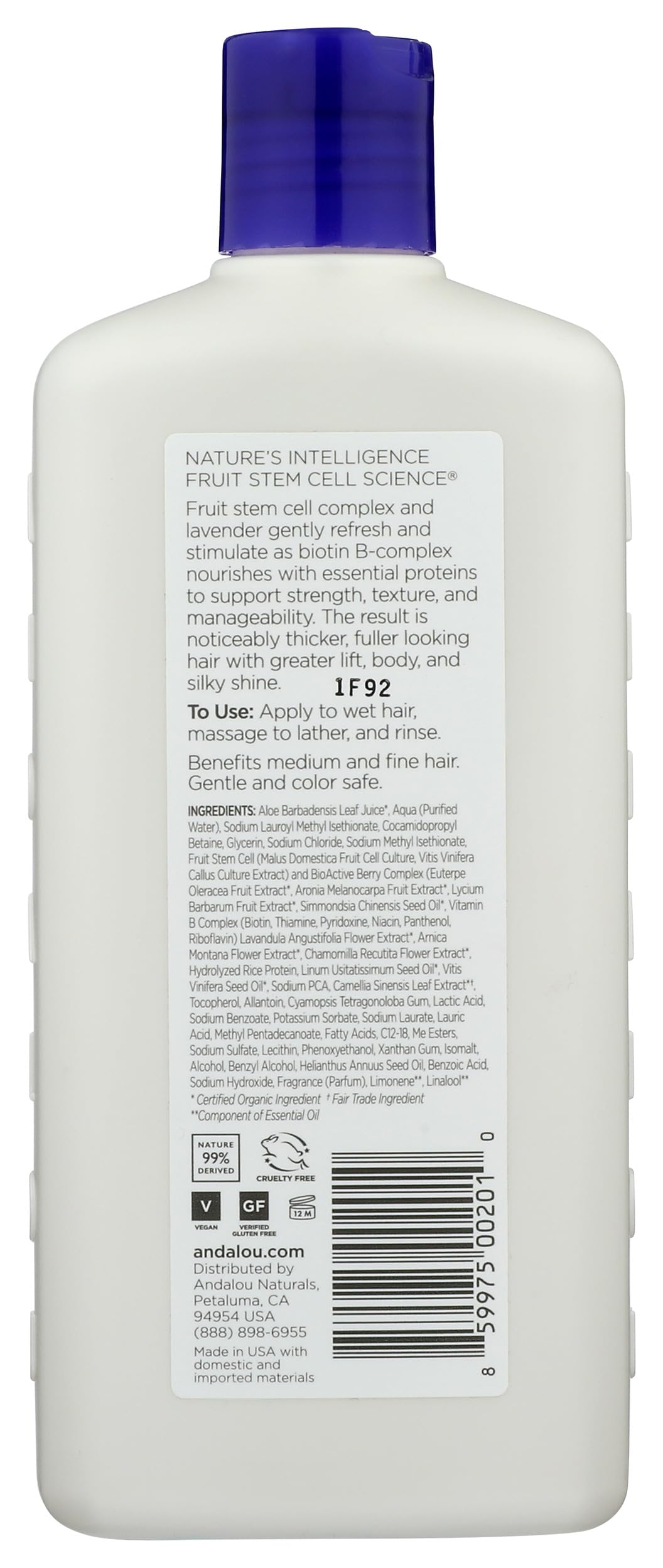 Andalou Naturals label close-up highlighting ingredients and clean formulation benefits