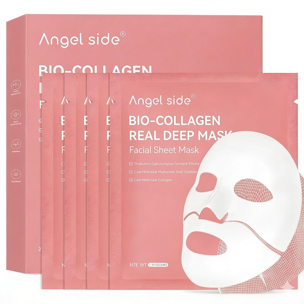Angel Side front packaging showing four collagen hydrogel mask sachets for overnight hydration
