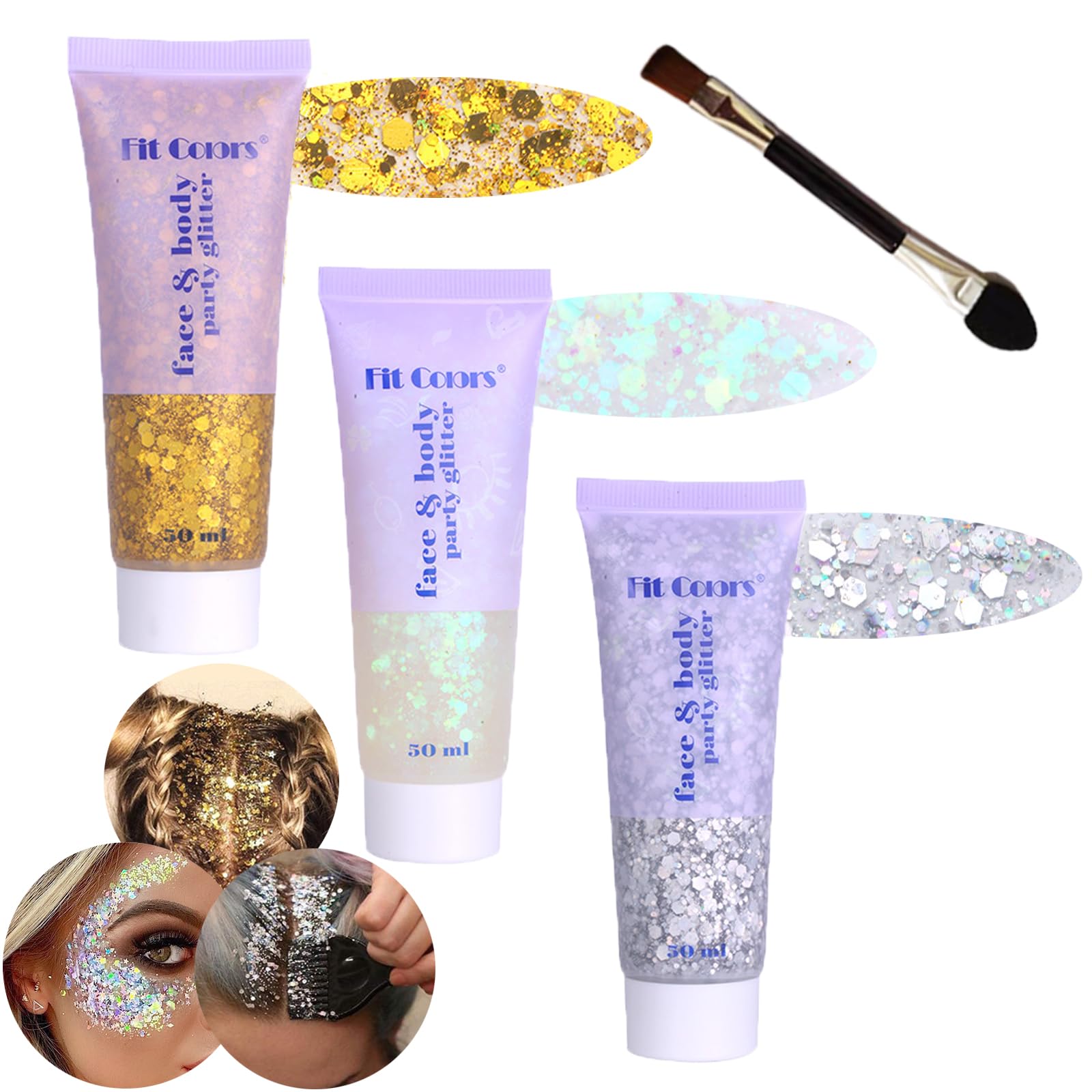 Angels Beauty front packaging showing white silver and gold tubes, clear labeling and benefit of easy application