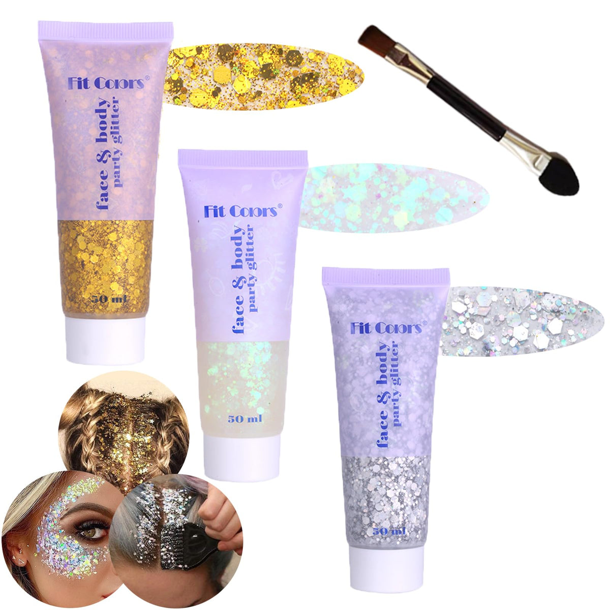 Angels Beauty front packaging showing white silver and gold tubes, clear labeling and benefit of easy application