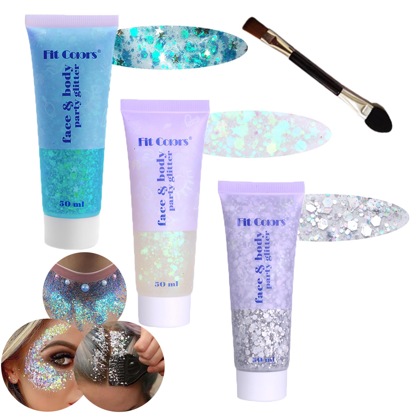 Angels Beauty front tube showing white silver lake-blue glitter gel for festivals