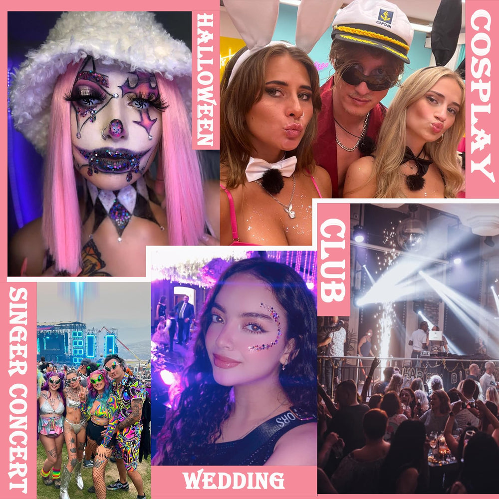 Angels Beauty on model at festival showing bold, stage-ready sparkle and color