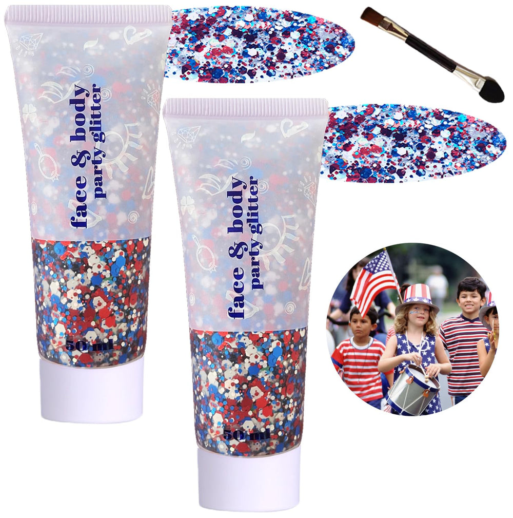 Angels Beauty tube front packaging showing patriotic glitter gel and bold branding