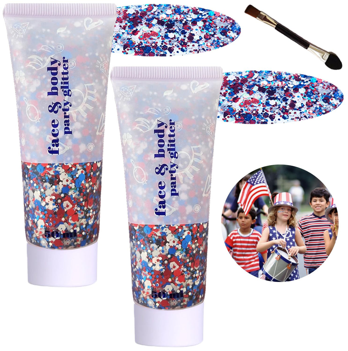 Angels Beauty tube front packaging showing patriotic glitter gel and bold branding