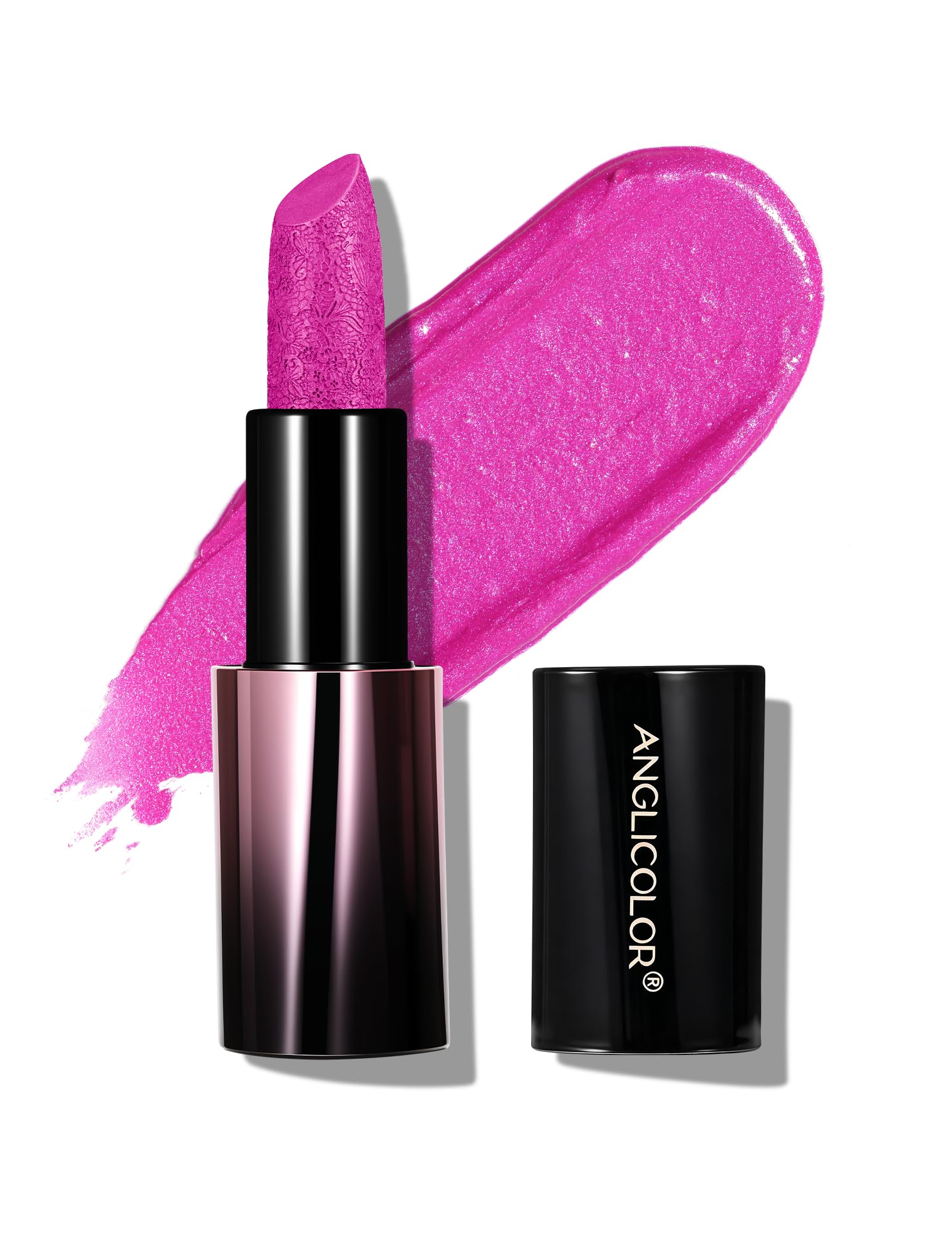 Anglicolor front view of holographic fuchsia tube showing color and design benefit