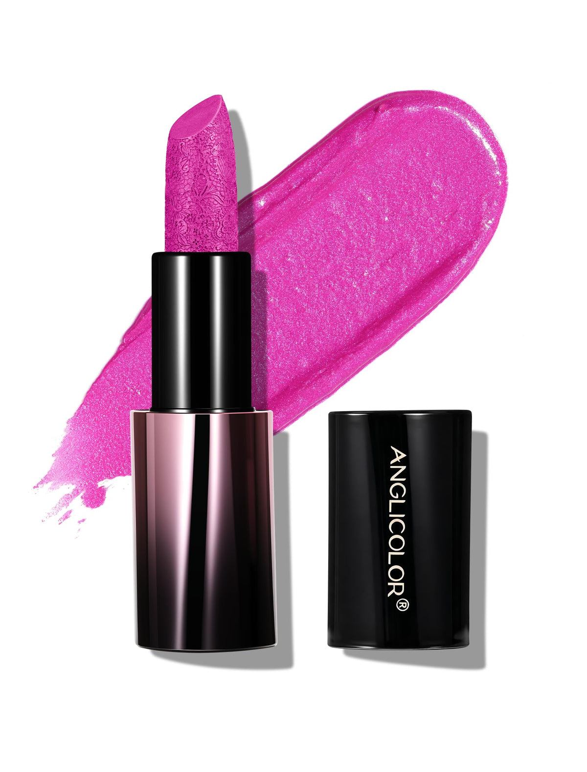 Anglicolor front view of holographic fuchsia tube showing color and design benefit
