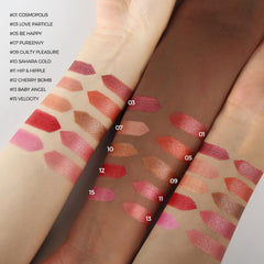 Anglicolor worn on lips showing frosted hot pink finish and striking color payoff benefit