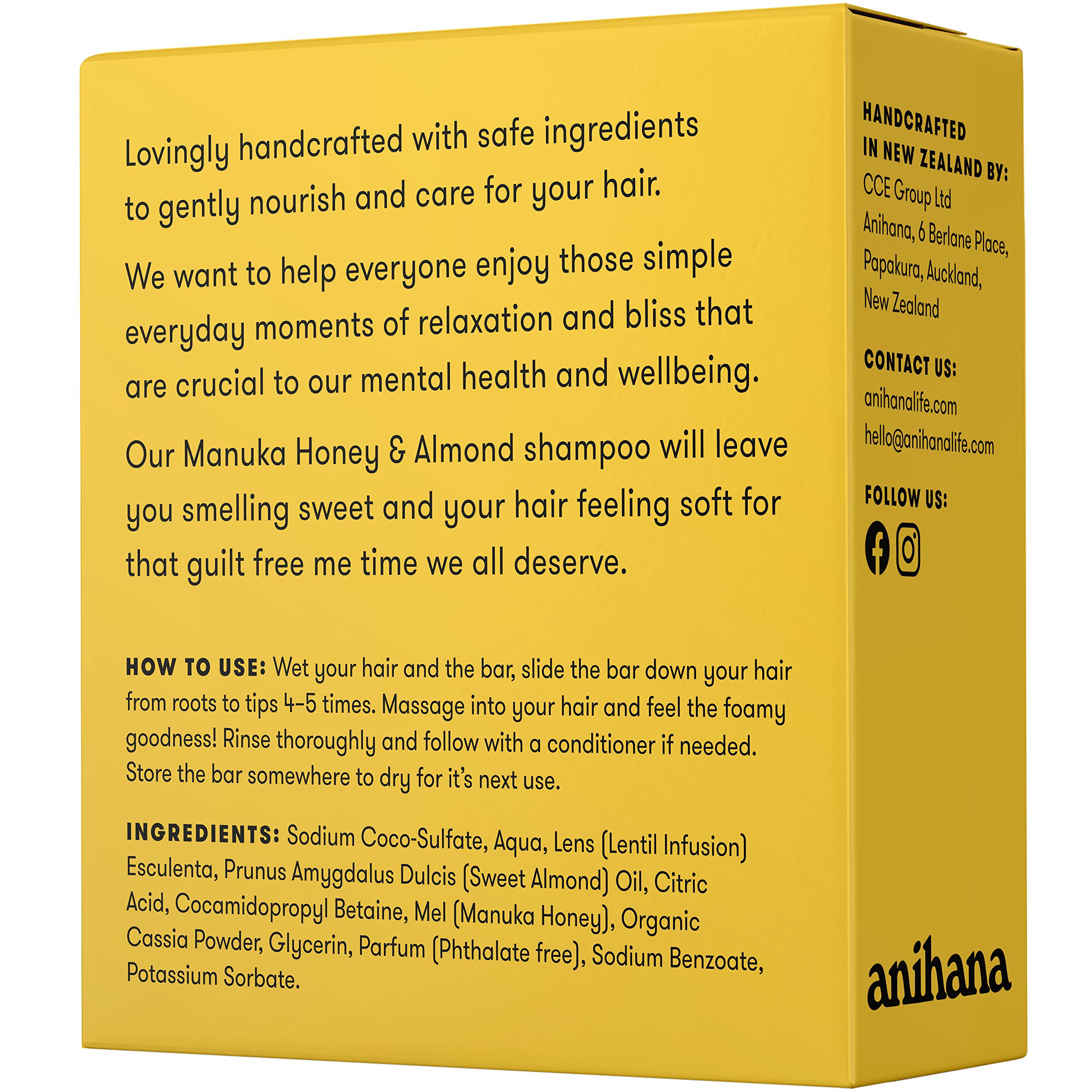 Manuka honey and almond ingredients beside ANIHANA bar showing natural conditioning benefits
