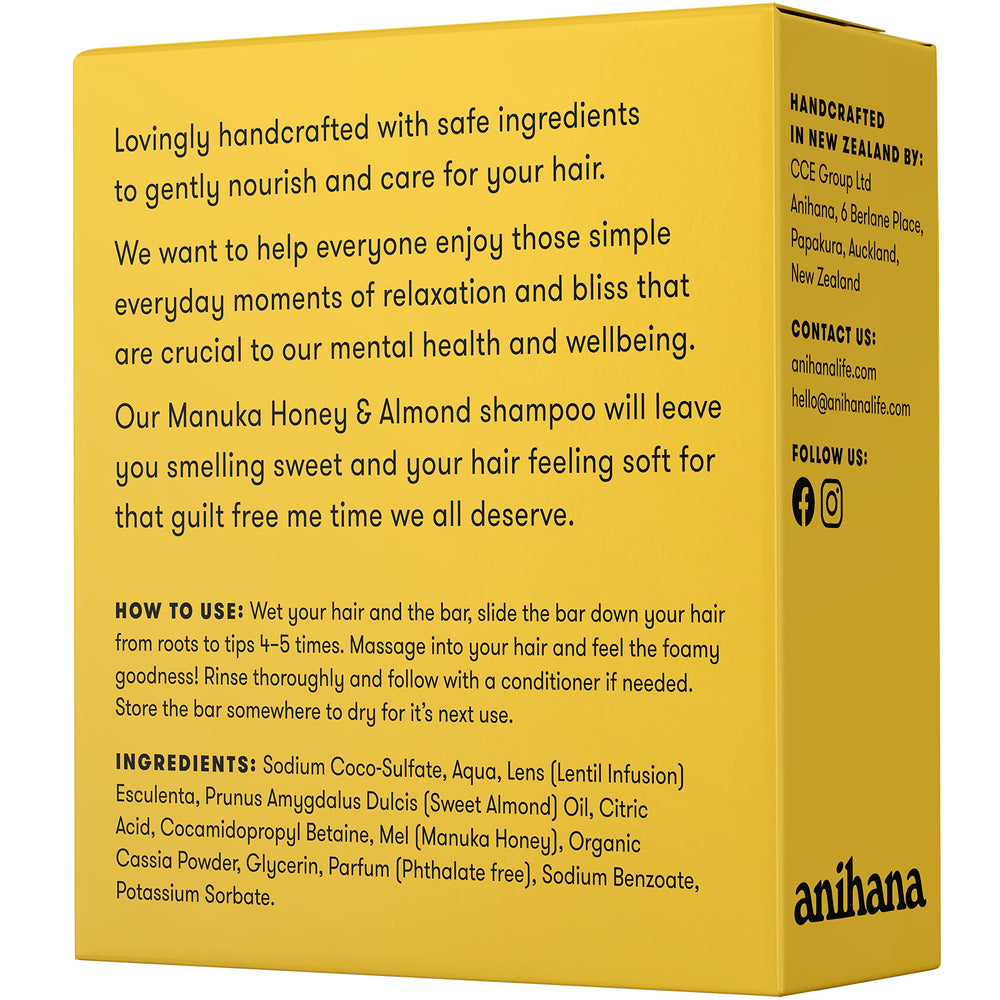 Manuka honey and almond ingredients beside ANIHANA bar showing natural conditioning benefits