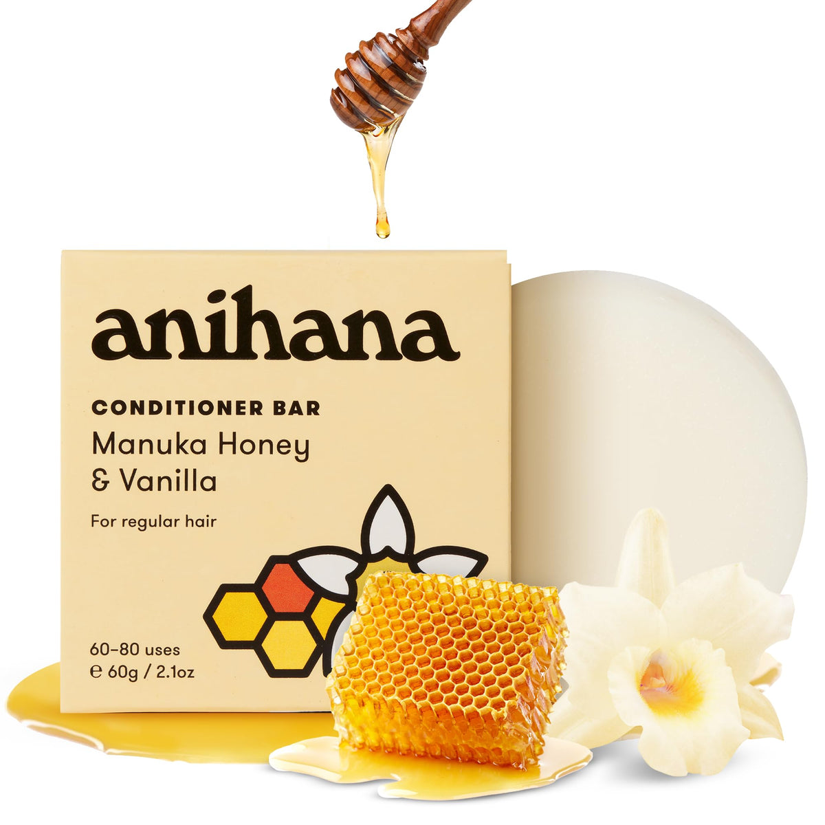 ANIHANA front packaging of conditioner bar shows compact eco-friendly benefits
