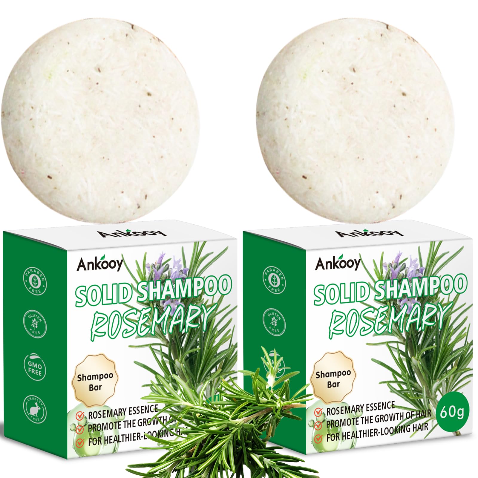 ANKOOY front packaging showing two rosemary shampoo bars and eco box, promotes sustainability