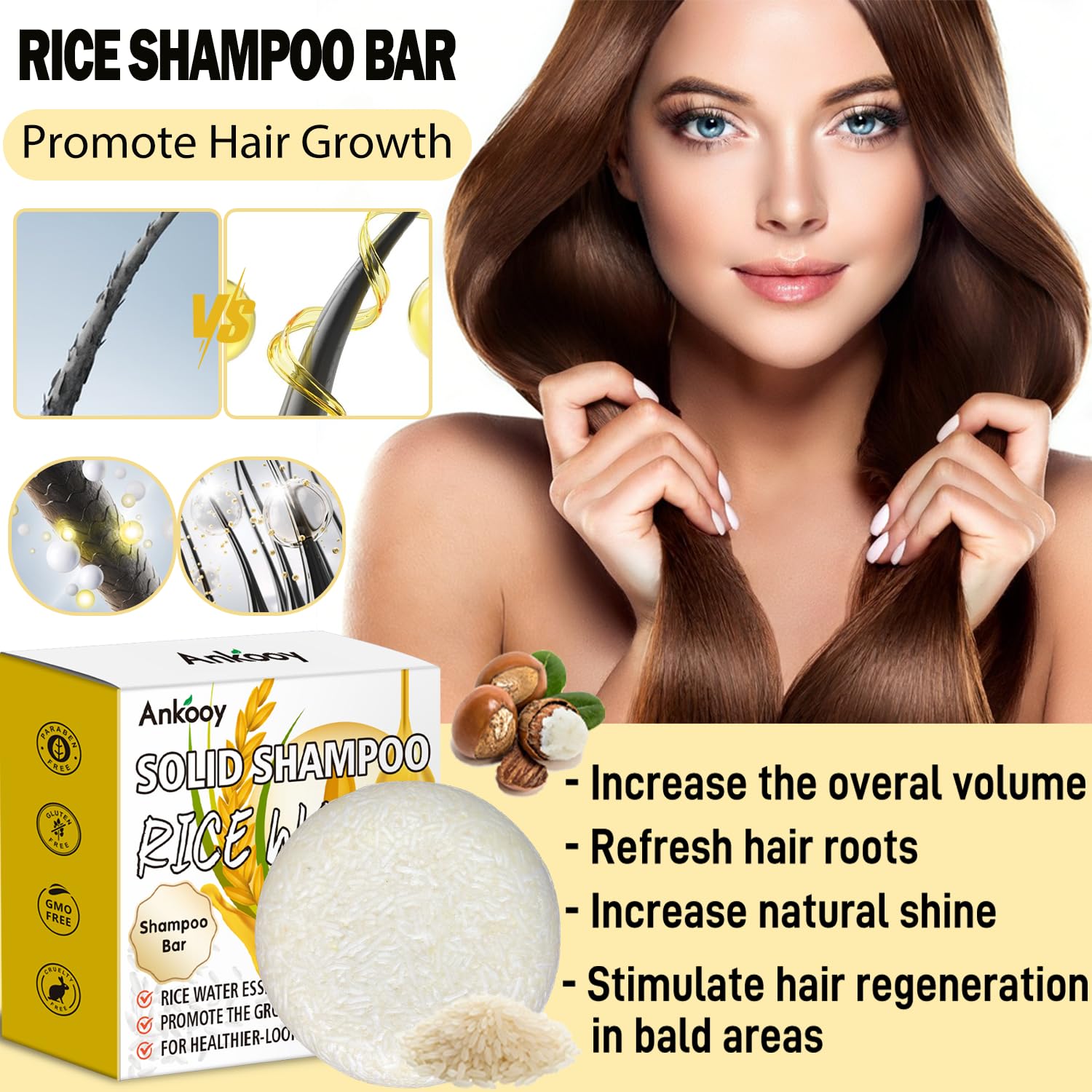 ANKOOY shampoo bar ingredient display with rice and oils emphasizing nourishing benefit