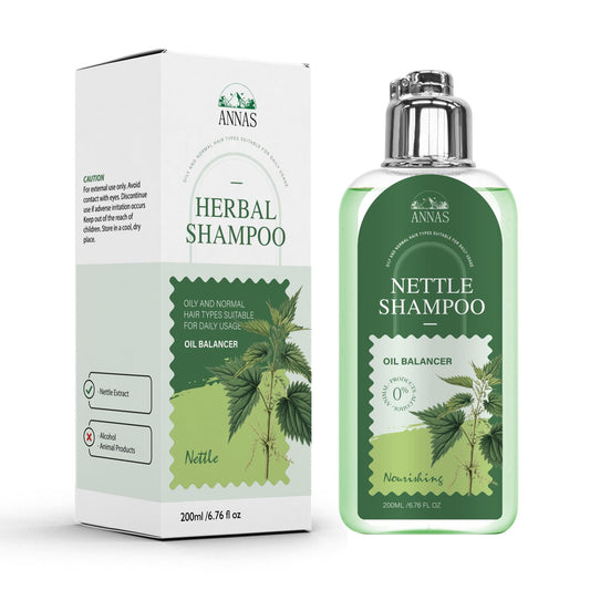 ANNAS nettle shampoo front packaging shows organic bottle and clear benefits