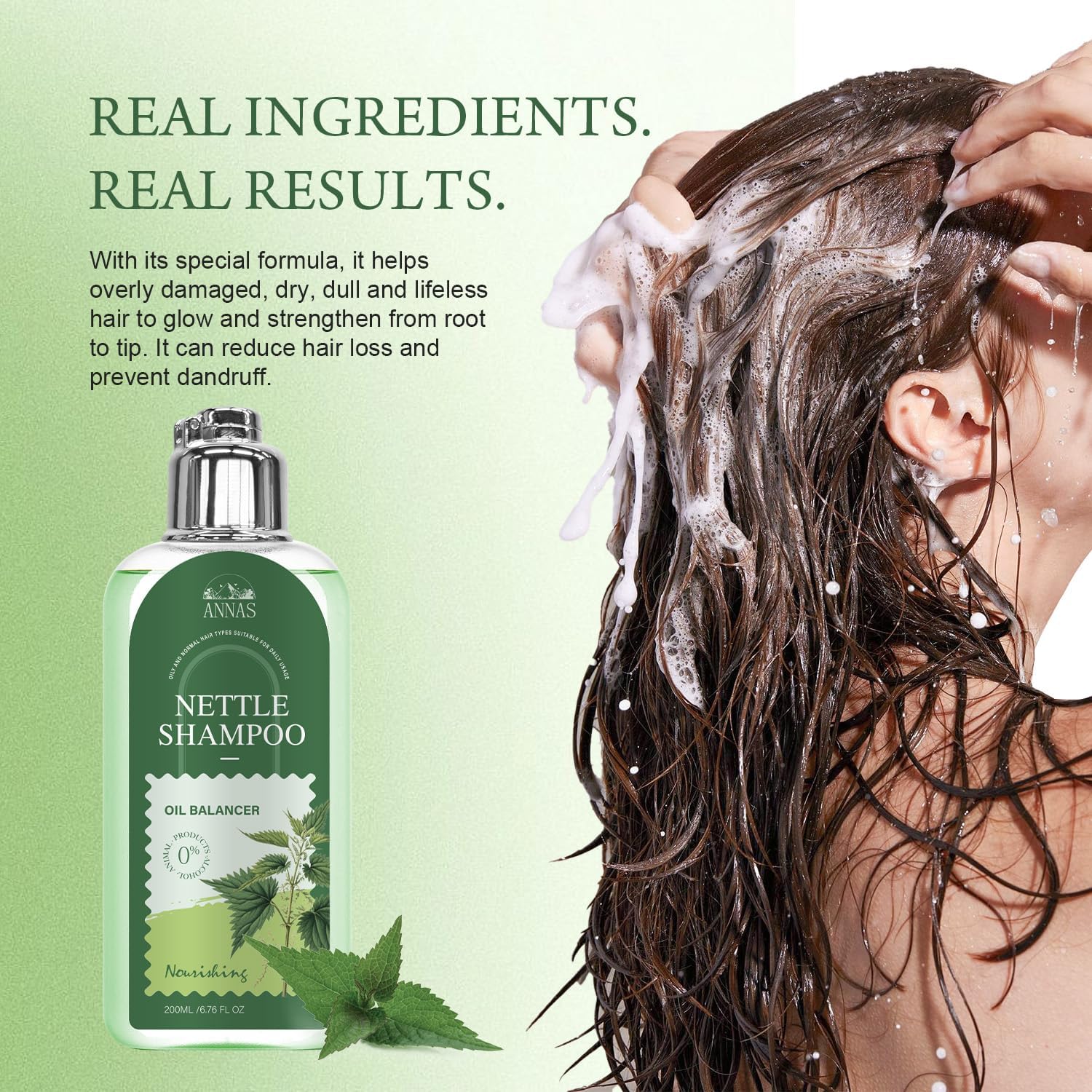 ANNAS nettle shampoo lifestyle bathroom setup suggesting calm, natural hair care routine