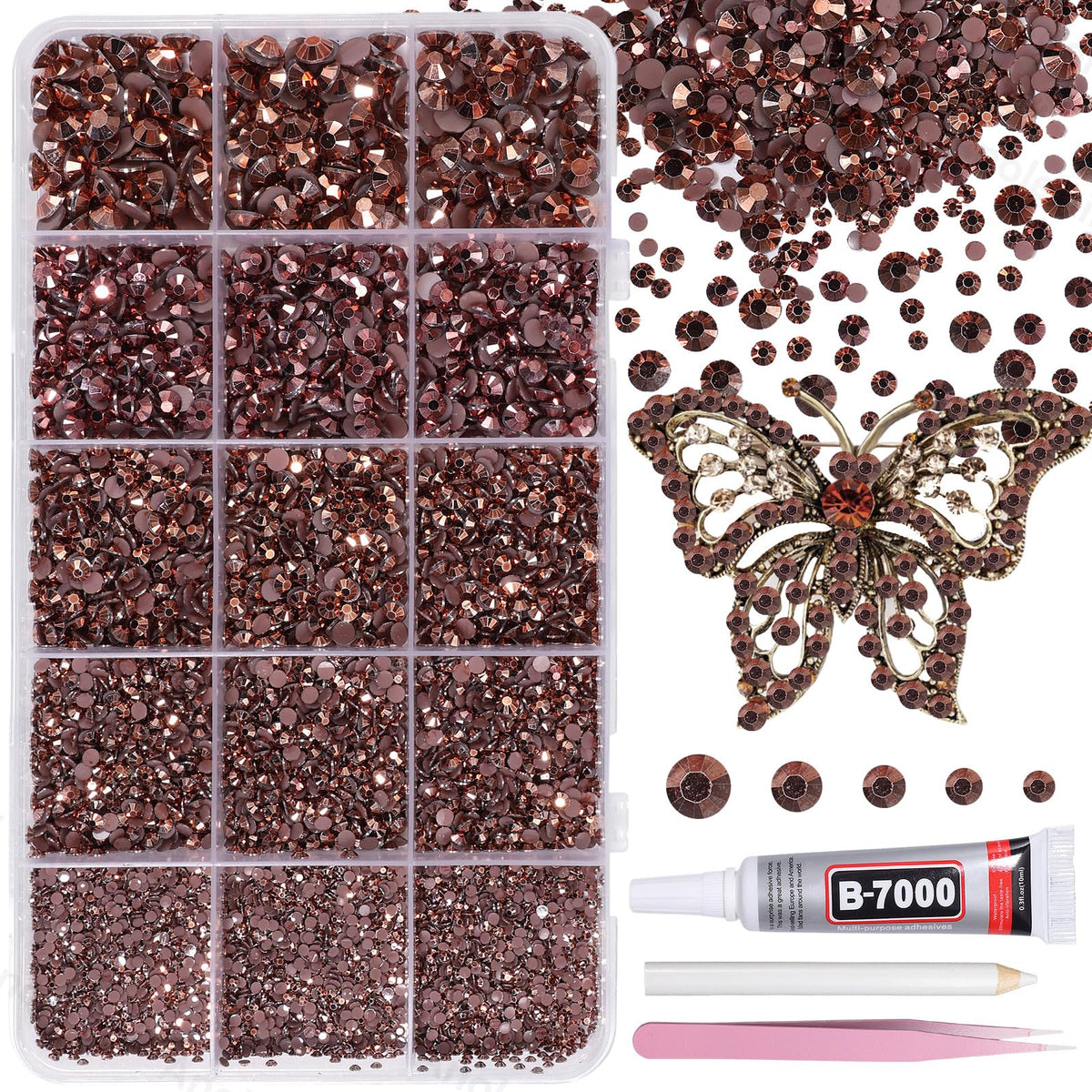 AnoleAir front packaging showing 12000-piece chocolate rhinestone kit and tools for fast crafting