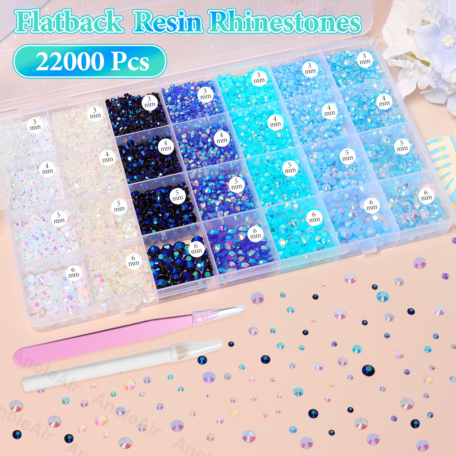 AnoleAir close-up of AB-coated resin rhinestone showing shimmering color shifts for eye-catching sparkle