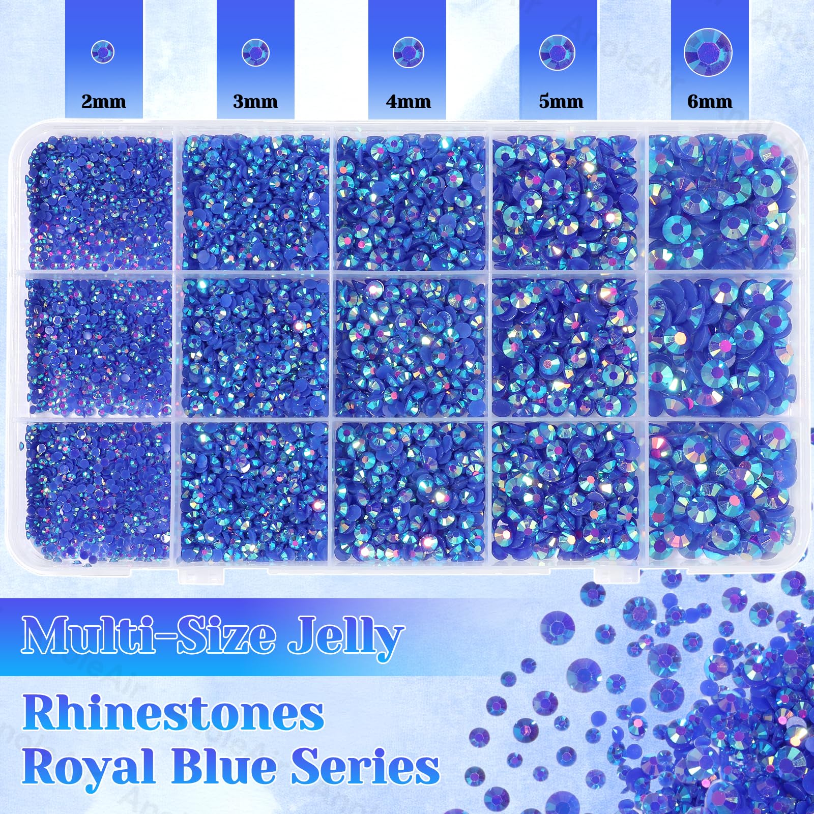 AnoleAir close-up of faceted royal blue AB rhinestone reflecting light for high sparkle