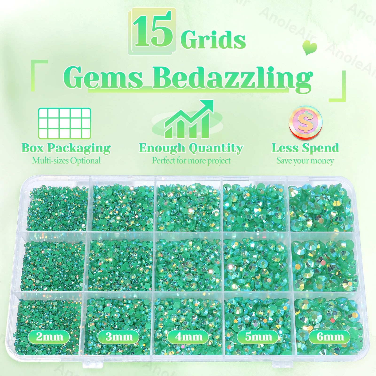 AnoleAir flatback gems spread to show varied 2–6mm sizes for easy gluing