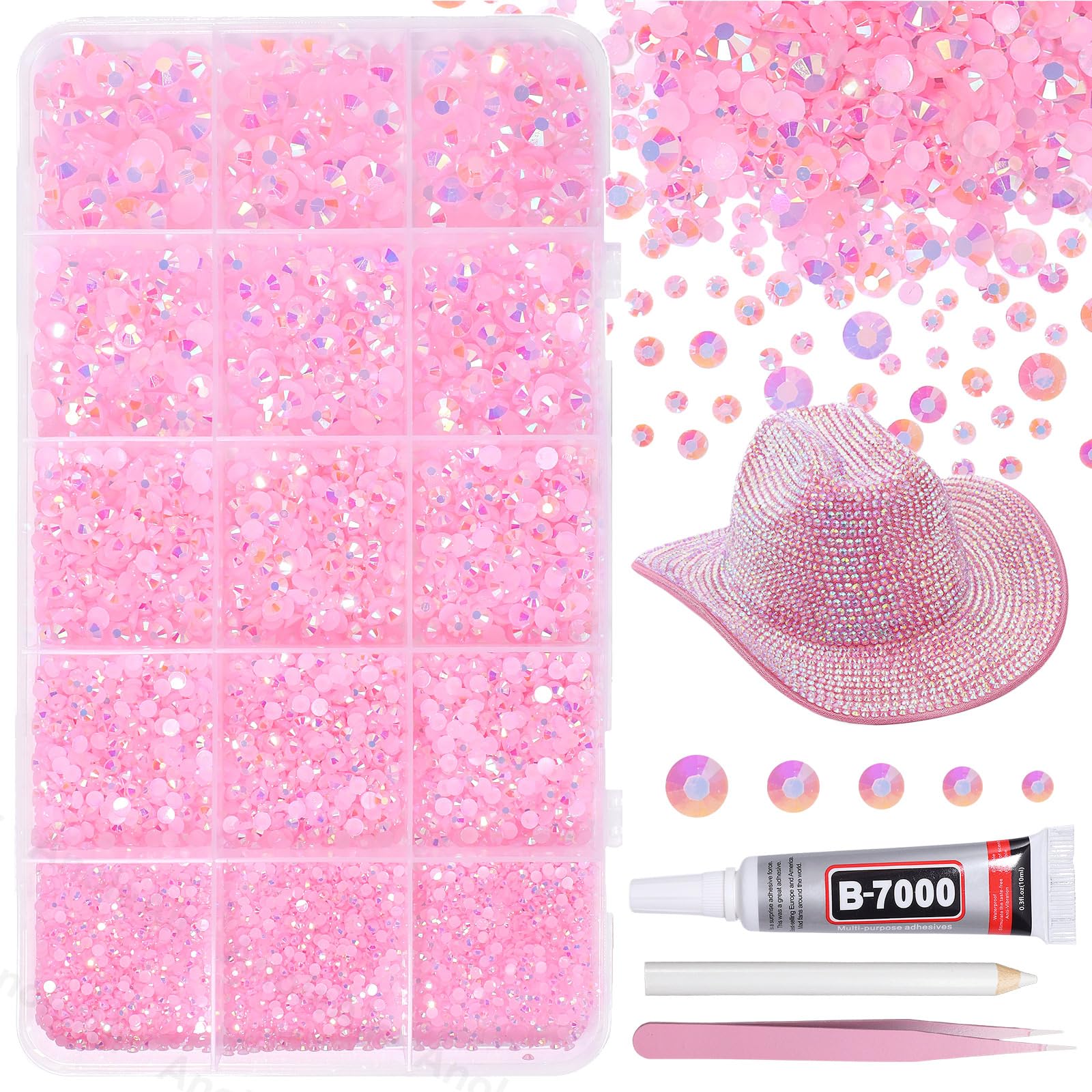AnoleAir front packaging showing 12000 light pink rhinestones kit and tools for instant crafting