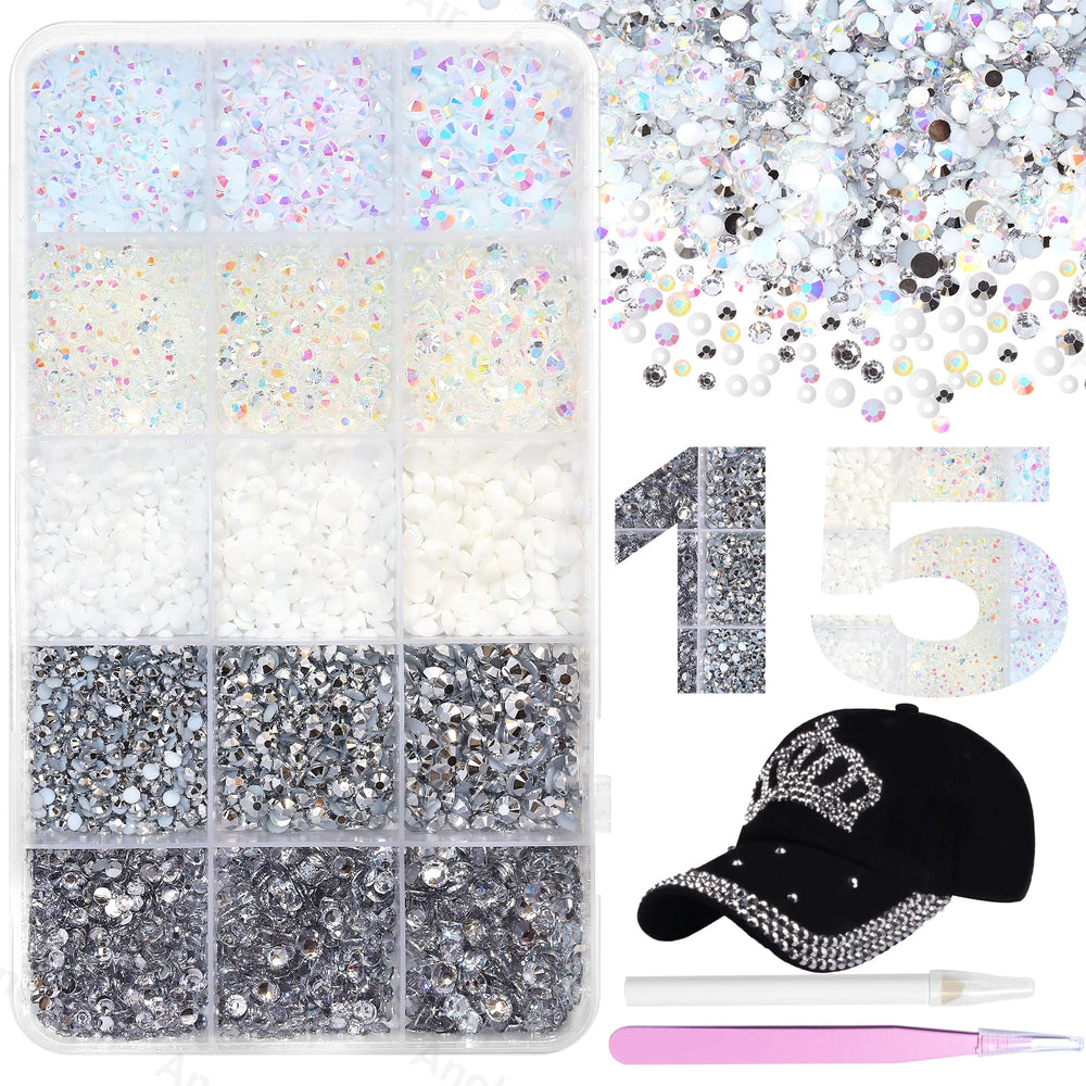 AnoleAir front packaging showing 15000pcs kit with mixed silver white gems and tools