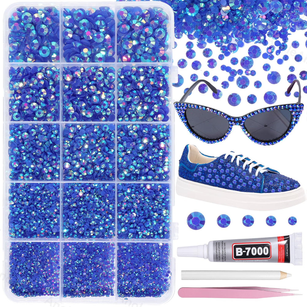 AnoleAir front packaging showing 12000 royal blue AB rhinestones and included tools for quick projects