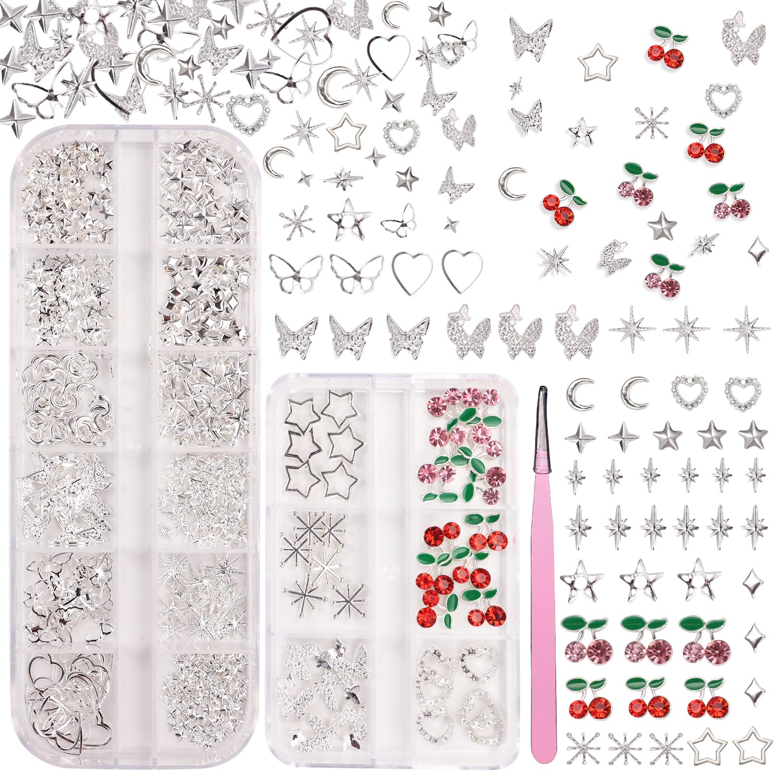 AnoleAir front packaging displaying silver nail charms and pickup tool for easy storage