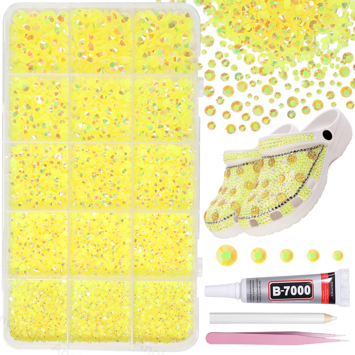 AnoleAir front packaging showing 12000 yellow rhinestones and tools for ready crafting