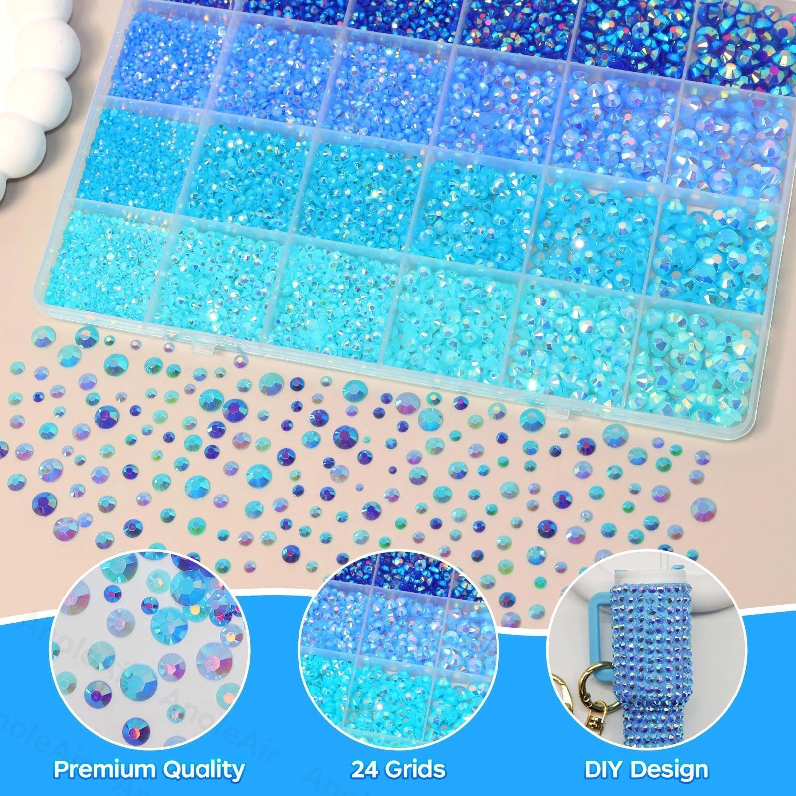 AnoleAir blue gems adhered to a tumbler, enhances custom drinkware with durable sparkle
