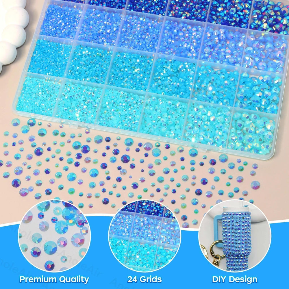 AnoleAir blue gems adhered to a tumbler, enhances custom drinkware with durable sparkle