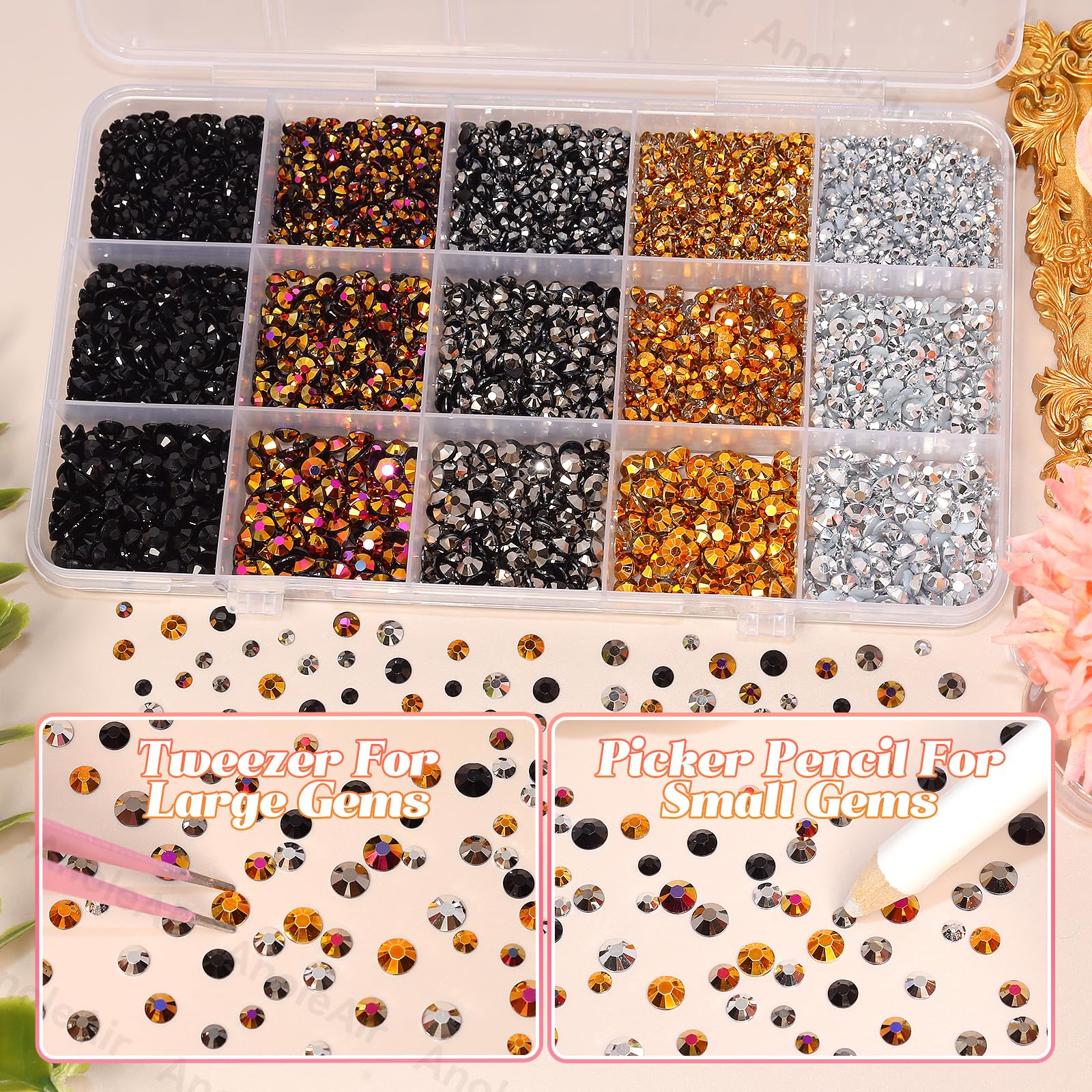 AnoleAir mixed gold silver black tan brown gems spread to show color variety