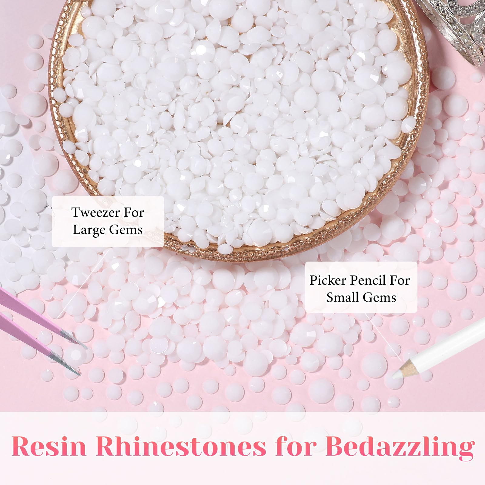 AnoleAir sorted rhinestones by size showing 2mm–6mm mix for layered and full-coverage designs