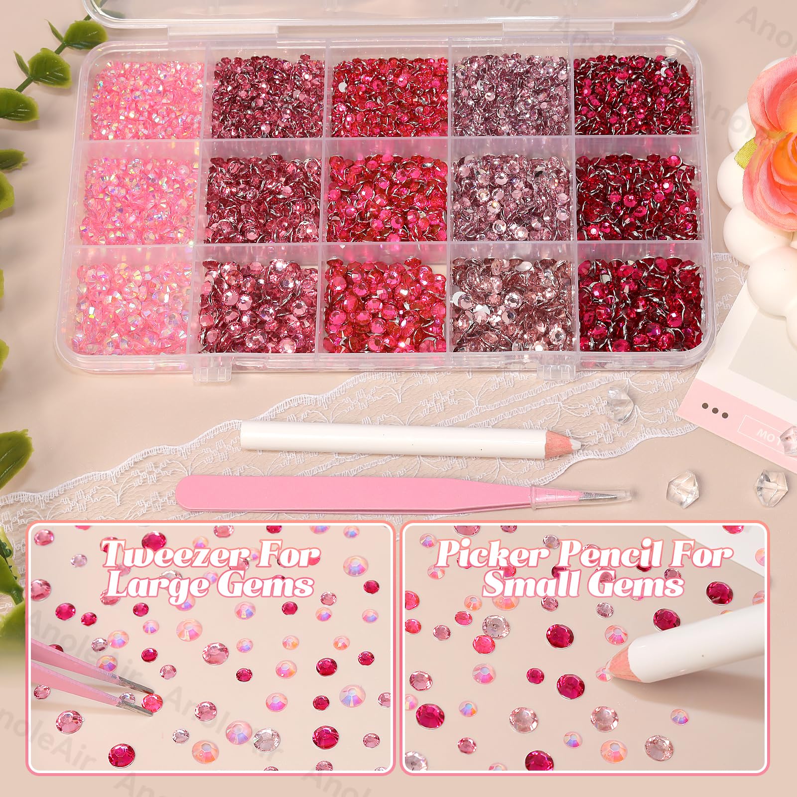 AnoleAir scattered 3mm 4mm 5mm gems displaying size variety for design flexibility