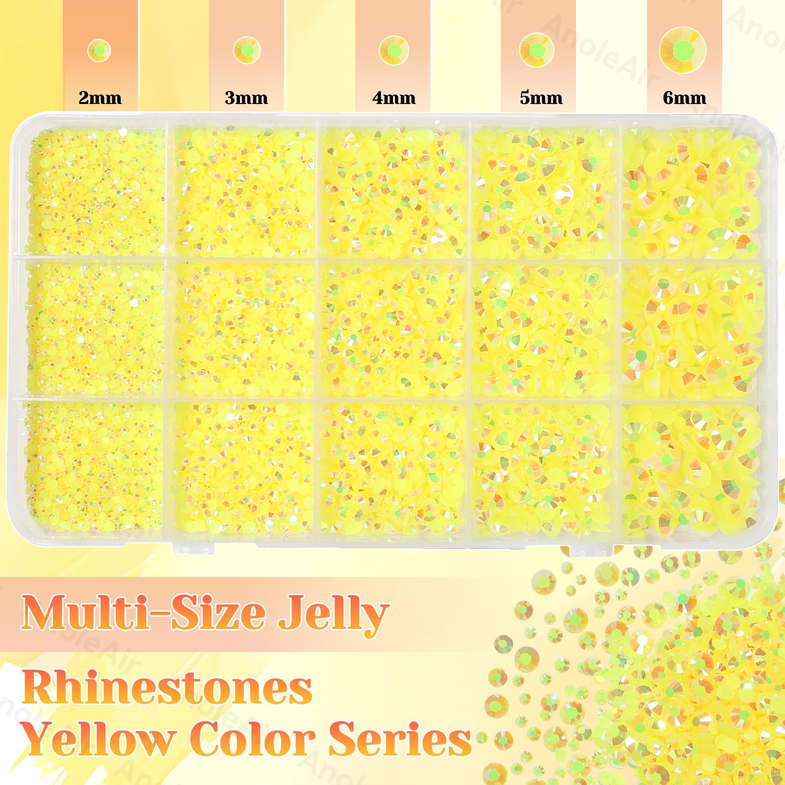 AnoleAir close-up of mixed 2–6mm yellow gems showing size variety and sparkle