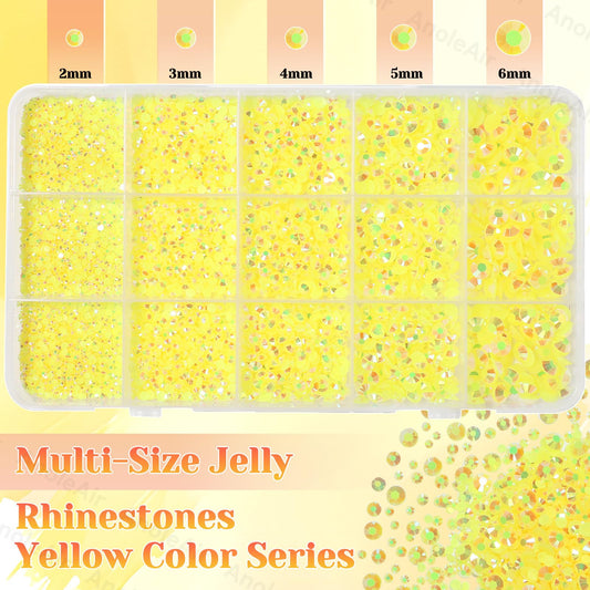 AnoleAir close-up of mixed 2–6mm yellow gems showing size variety and sparkle