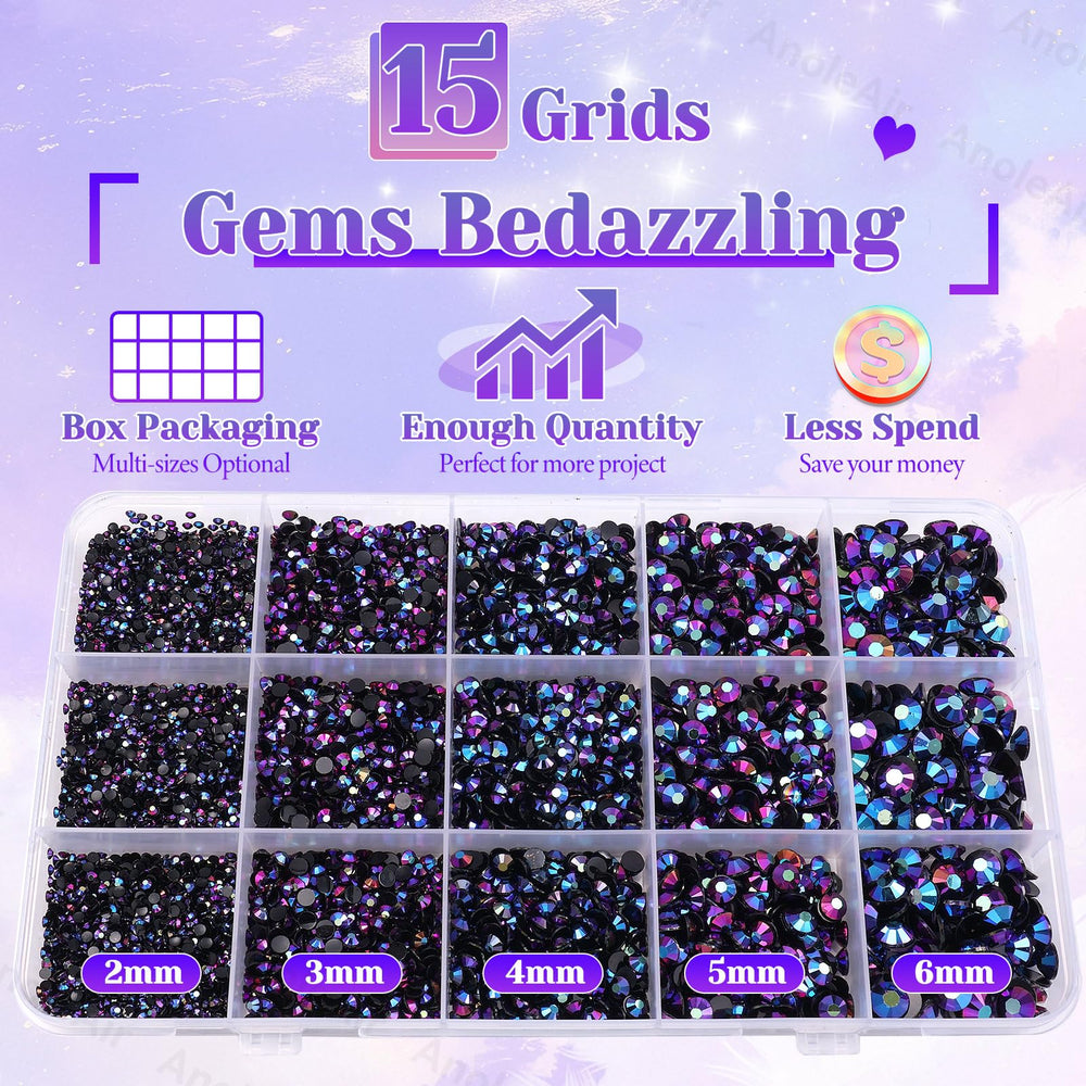 AnoleAir mixed 2–6mm rhinestones spread on black surface illustrating quantity and size variety for coverage