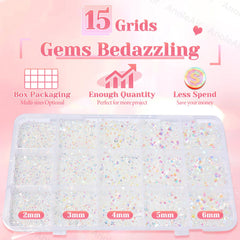 Spread of AnoleAir mixed 2–6mm rhinestones on black surface, useful for design planning