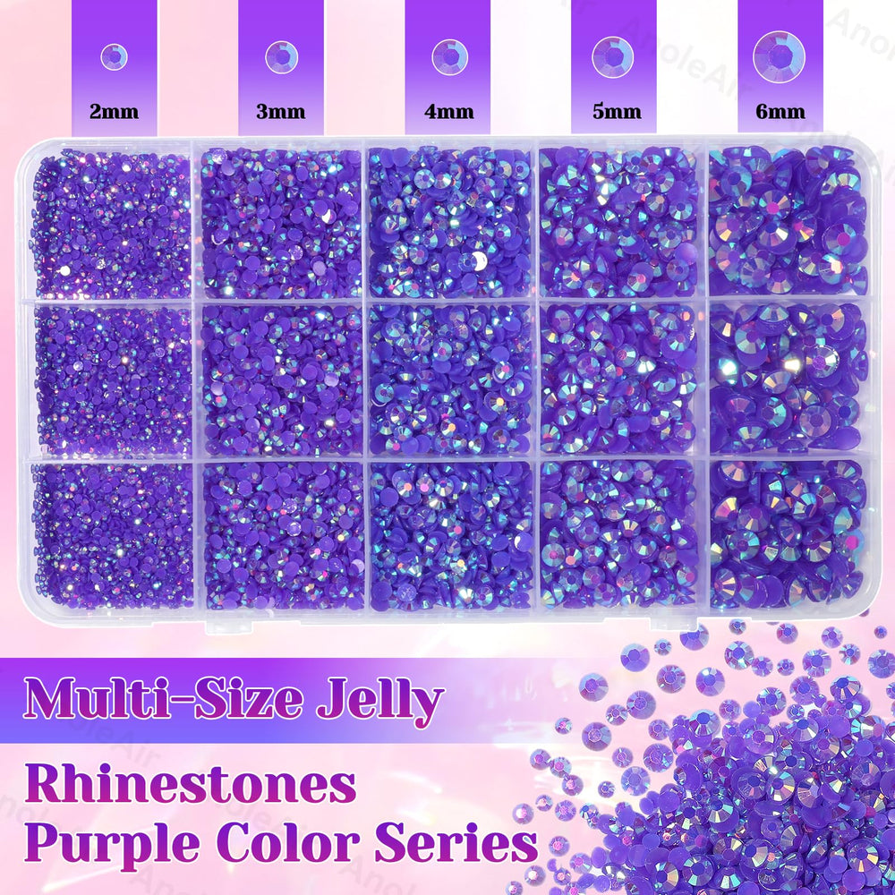 AnoleAir mixed-size purple rhinestones spread, visualizes sizes for precise projects