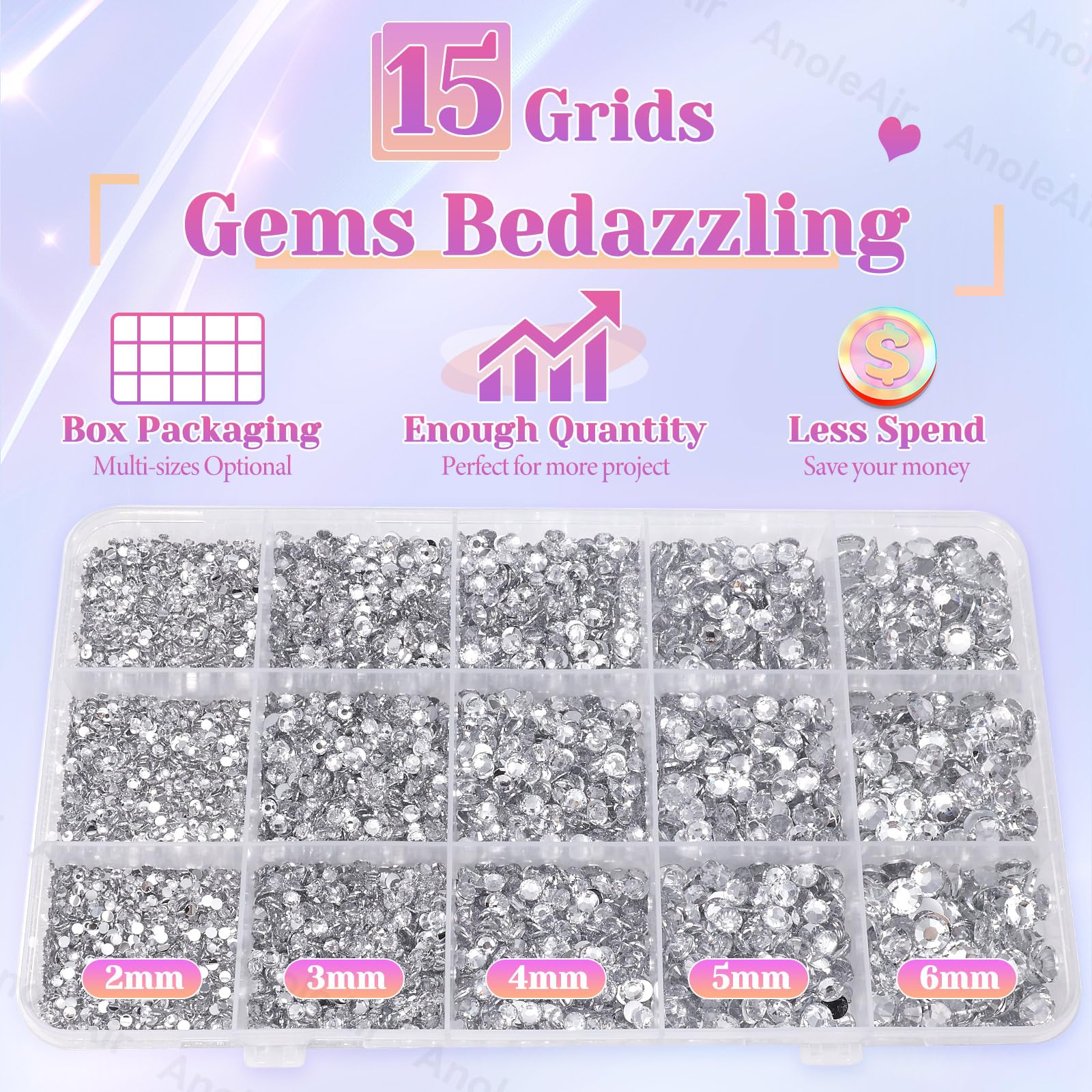 AnoleAir assorted 2–6mm rhinestones spread by size for design planning and variety