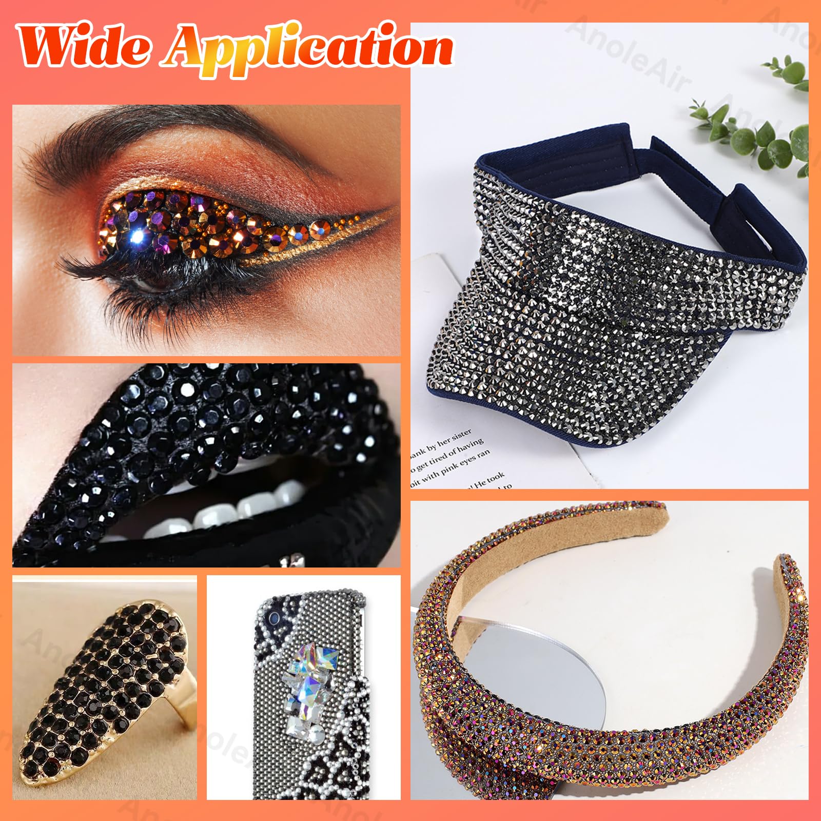 AnoleAir rhinestones next to hand showing size scale and project coverage