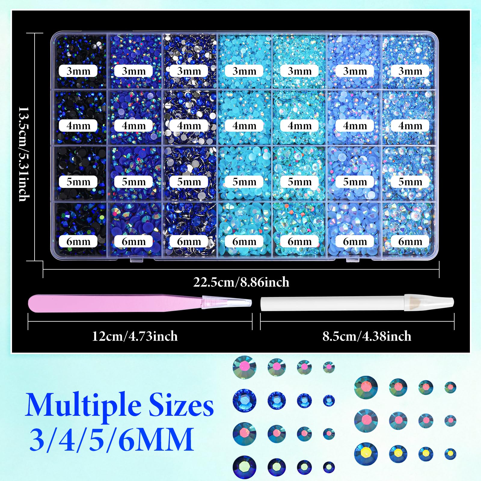 AnoleAir size comparison of 3mm–6mm gems showing scale for precise design planning